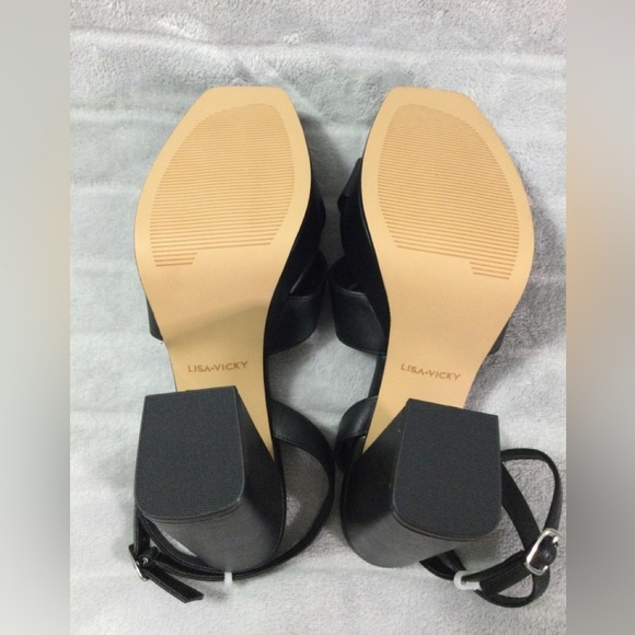 Lisa Vicky Jazz Black Leather Strappy Platform Block Heels Size 9 M - Picture 7 of 11